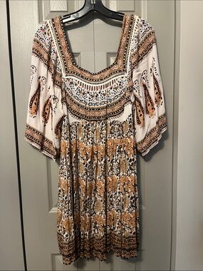 Free People White and Mustard Paisley & Leopard Print Mini Dress